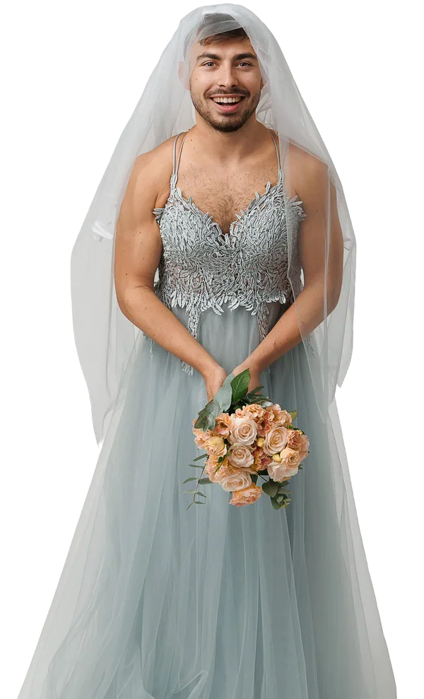 Thomas Guyon en robe de mariée et voile, un bouquet à la main et un grand sourire